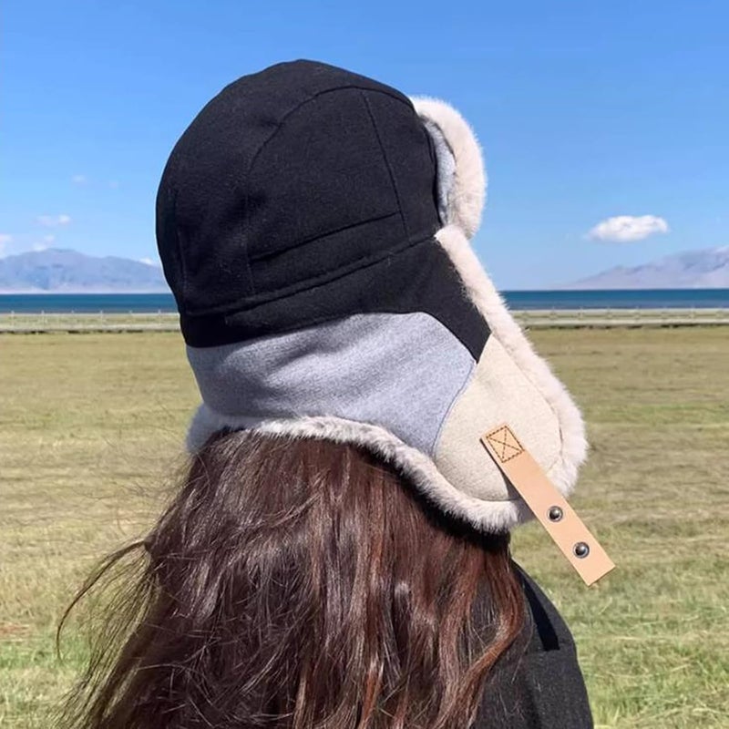 PURFUN Men Women Faux Fur Trapper Hat Stylish Splicing Color Winter Ski Hunting Hat Elders Warm Plush Ushanka Earflap Cap - Image 4